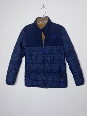 The North Face Reversible Navy Tan Puffer Sherpa Fleece Full Zip Jacket Size S